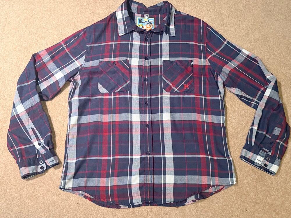 Mambo Australia Mens XL Long Sleeve Plaid Button Up Red Blue White Flannel